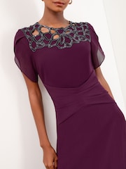 Lipsy Burgundy Red Petite Embellished Cut Out Short Sleeve Pleated Fit And Flare Midi Dress - Image 4 of 4