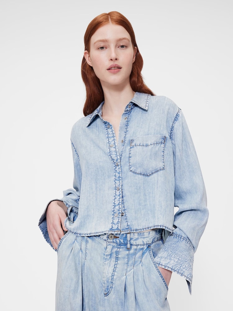 GapStudio Blue Draped Denim Crop Shirt - Image 1 of 7