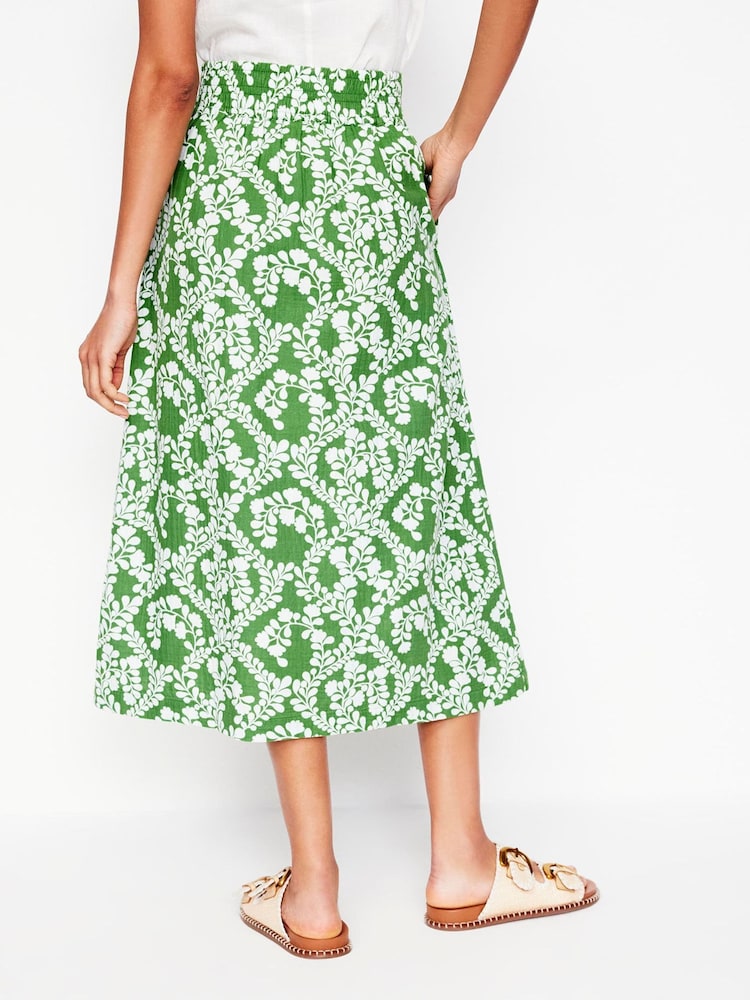 Boden Green Doublecloth Smocked 100% Cotton Midi Skirt - Image 3 of 5