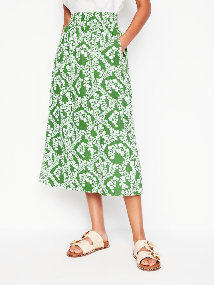 Boden Green Doublecloth Smocked 100% Cotton Midi Skirt - Image 4 of 5