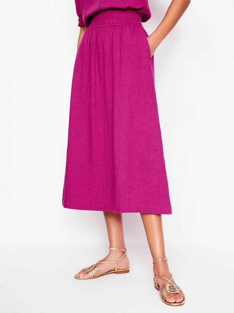 Boden Pink Doublecloth Smocked 100% Cotton Midi Skirt - Image 4 of 5