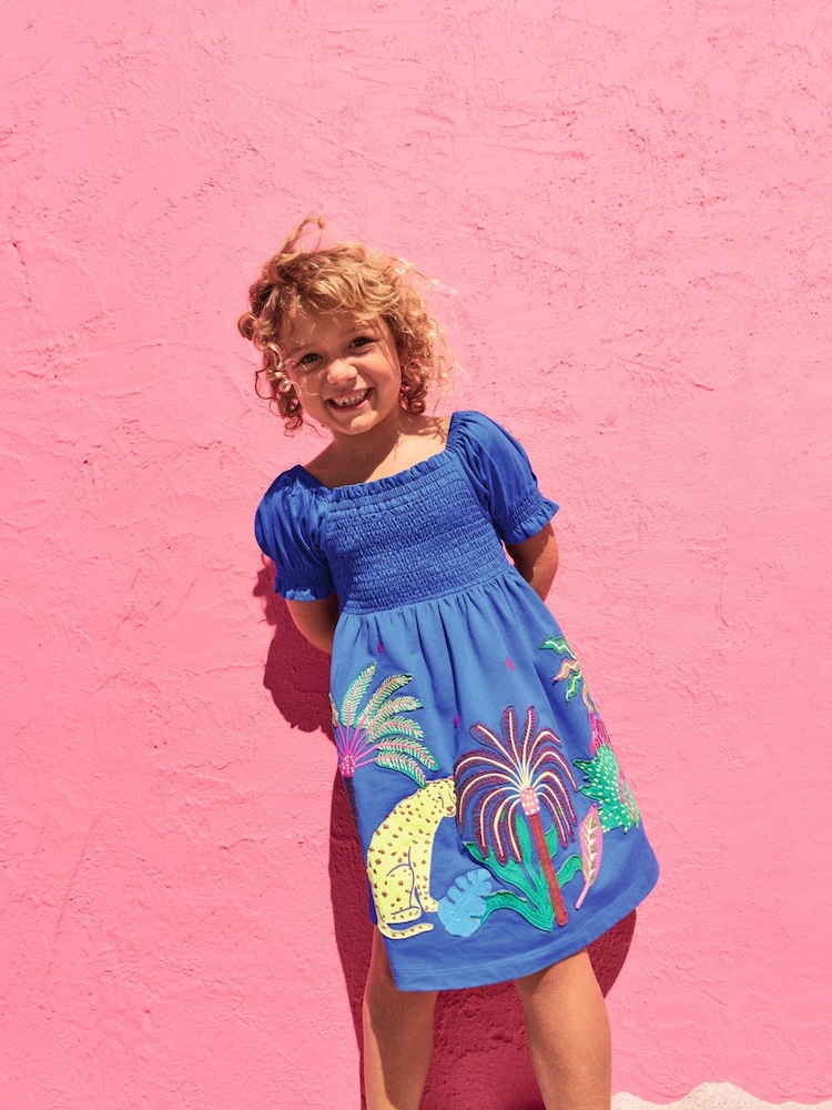 Boden Blue Clare Shirred 100% Cotton Appliqué Dress - Image 1 of 1