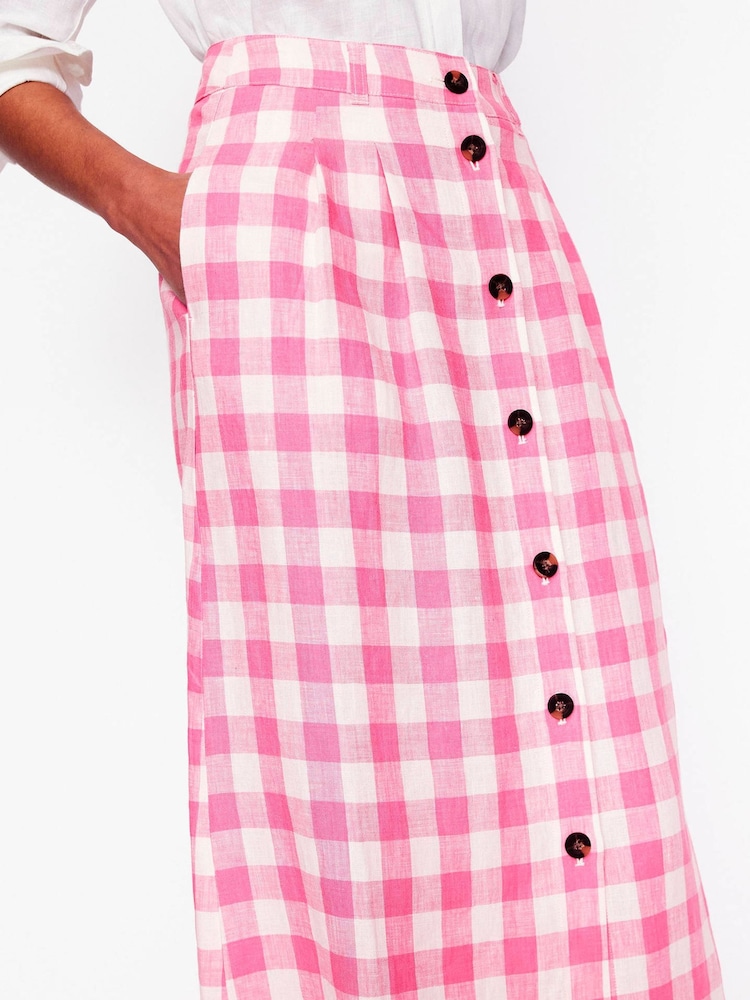 Boden Pink Gingham Thomasina 100% Linen Midi Skirt - Image 2 of 5