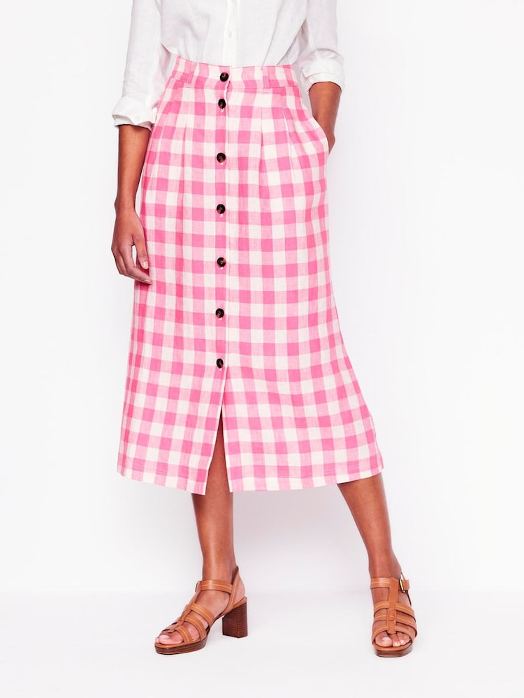 Boden Pink Gingham Thomasina 100% Linen Midi Skirt - Image 5 of 5