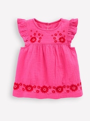 Boden Pink Double Cloth Frill Sleeve Embroidered 100% Cotton Top - Image 1 of 3