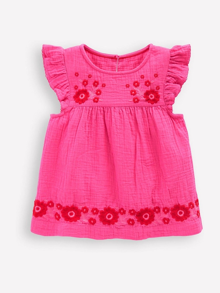 Boden Pink Double Cloth Frill Sleeve Embroidered 100% Cotton Top - Image 1 of 3