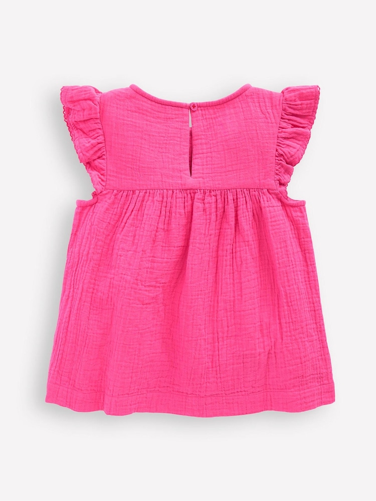 Boden Pink Double Cloth Frill Sleeve Embroidered 100% Cotton Top - Image 2 of 3