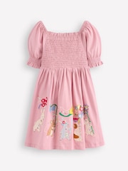 Boden Pink Clare Shirred 100% Cotton Appliqué Dress - Image 1 of 3