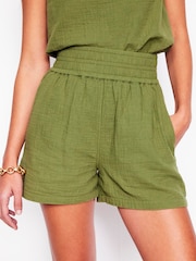 Boden Green 100% Cotton Smocked Double Cloth Shorts - Image 2 of 5