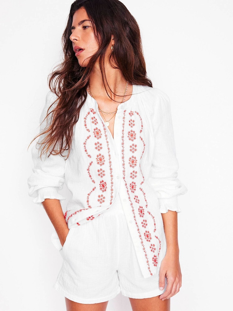 Boden White 100% Cotton Smocked Double Cloth Shorts - Image 1 of 5