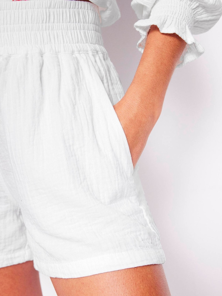 Boden White 100% Cotton Smocked Double Cloth Shorts - Image 2 of 5
