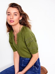 Boden Green Maisy Rikrak Trim 100% Cotton Top - Image 1 of 5