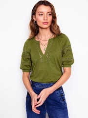 Boden Green Maisy Rikrak Trim 100% Cotton Top - Image 4 of 5