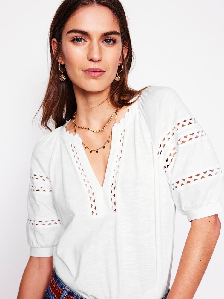 Boden White Maisy Rikrak Trim 100% Cotton Top - Image 1 of 5