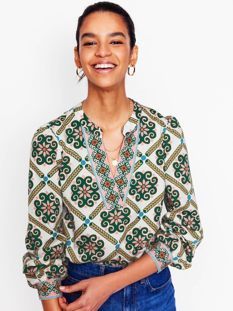 Boden Green 100% Cotton Notch Neck Top - Image 2 of 6