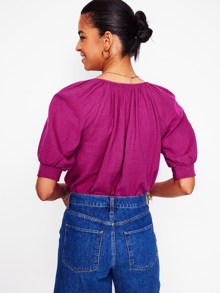 Boden Pink Trim Insert Double Cloth 100% Cotton Top - Image 3 of 5