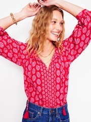 Boden Red Blouson Sleeve Raglan 100% Cotton Top - Image 1 of 5