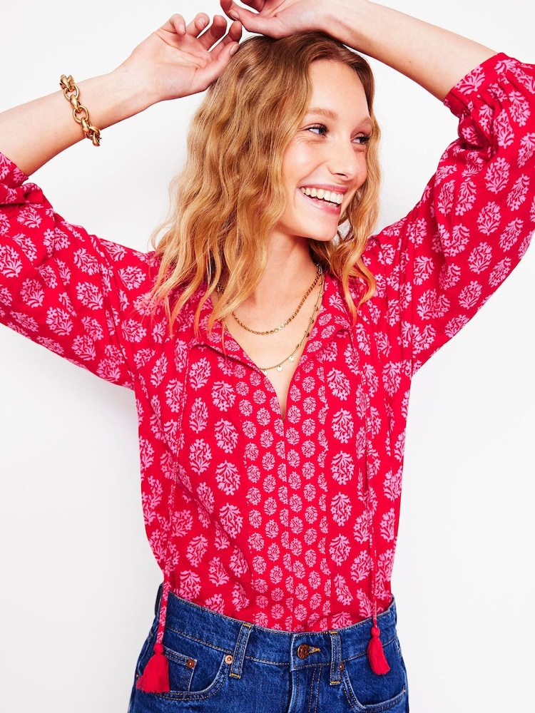 Boden Red Blouson Sleeve Raglan 100% Cotton Top - Image 1 of 5