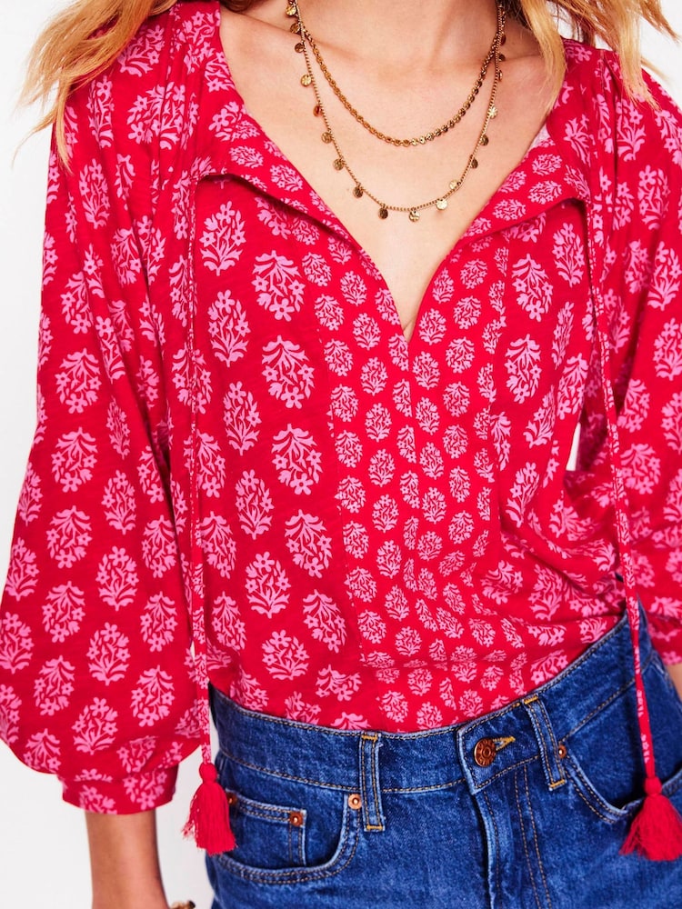 Boden Red Blouson Sleeve Raglan 100% Cotton Top - Image 2 of 5