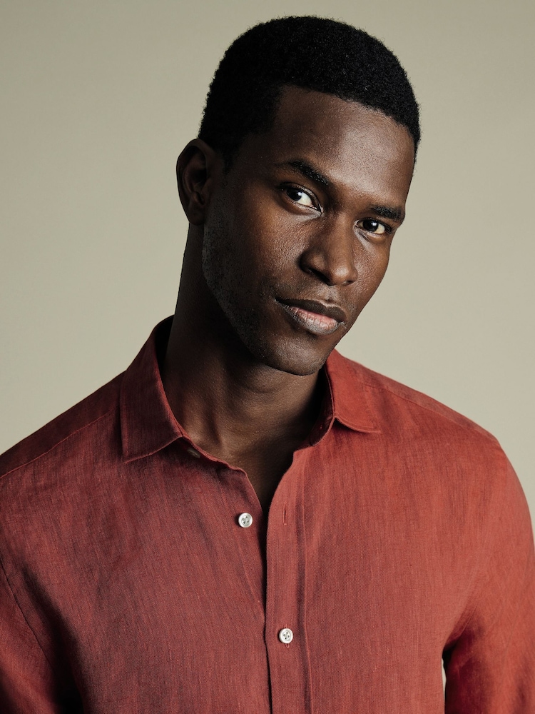 Charles Tyrwhitt Brown Slim Fit Slim Fit Plain Pure 100% Linen Shirt - Image 2 of 6
