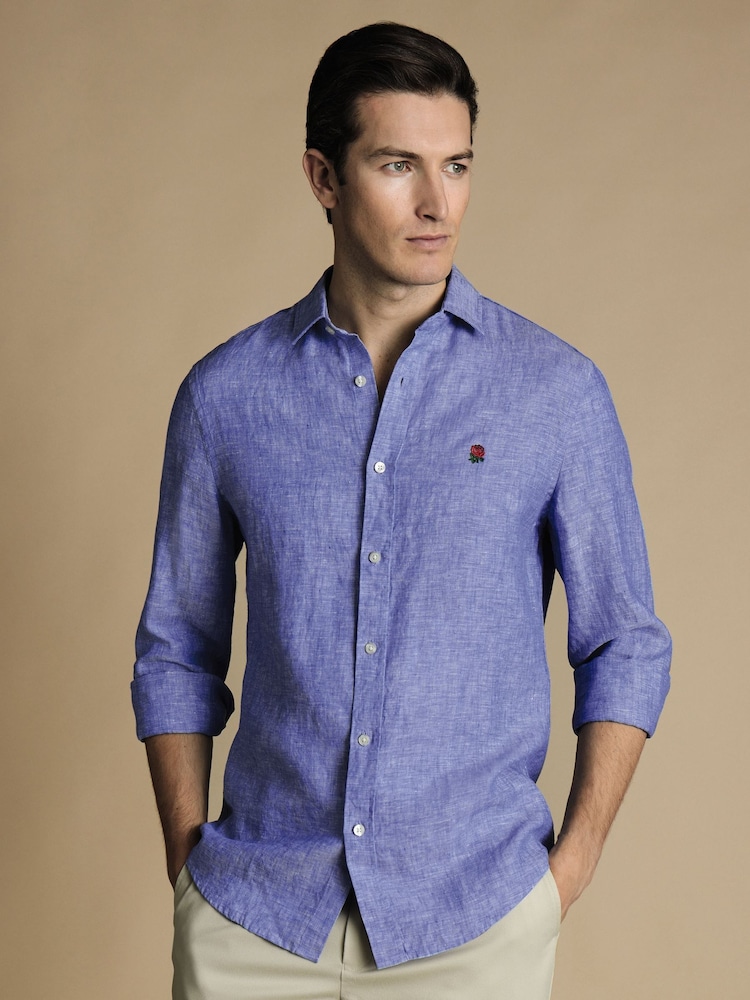 Charles Tyrwhitt Blue Slim Fit Plain RFU Pure 100% Linen Shirt - Image 1 of 6