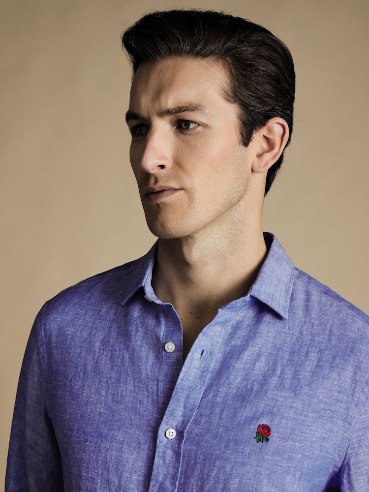 Charles Tyrwhitt Blue Slim Fit Plain RFU Pure 100% Linen Shirt - Image 2 of 6