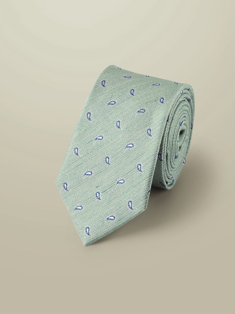 Charles Tyrwhitt Green Silk Linen Printed Tie - Image 1 of 2 Charles Tyrwhitt Green Silk Linen Printed Tie - Image 1 of 2