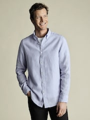 Charles Tyrwhitt Blue Slim Fit Plain Button Down Pure 100% Linen Shirt - Image 1 of 5