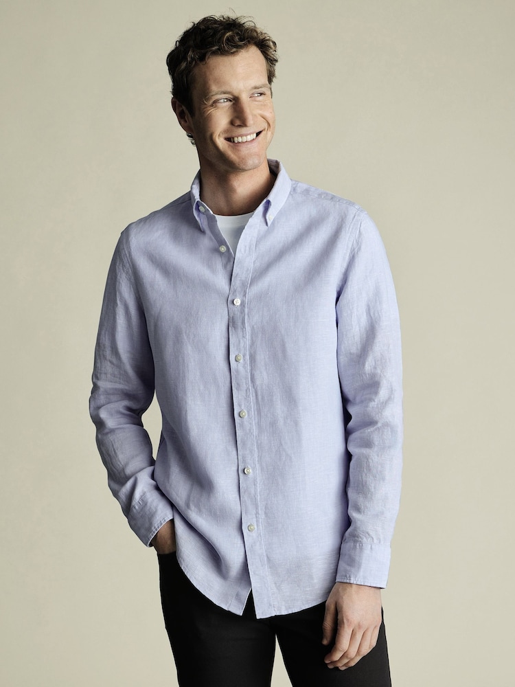Charles Tyrwhitt Blue Slim Fit Plain Button Down Pure 100% Linen Shirt - Image 1 of 5