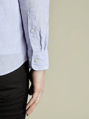 Charles Tyrwhitt Blue Slim Fit Plain Button Down Pure 100% Linen Shirt - Image 2 of 5