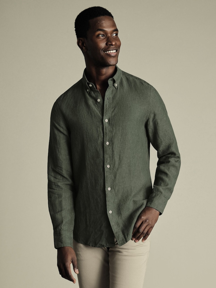 Grün - Charles Tyrwhitt Kurzärmeliges Hemd aus 100 % Leinen in Slim-Fit, Uni - Bild 1 von 6