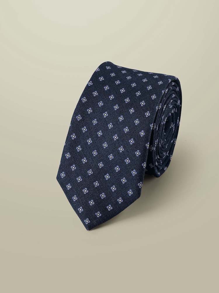 Charles Tyrwhitt Blue Silk Linen Printed Tie - Image 1 of 2 Charles Tyrwhitt Blue Silk Linen Printed Tie - Image 1 of 2