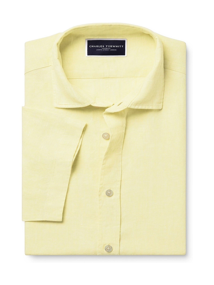 Charles Tyrwhitt Yellow Slim Fit Slim Fit Plain Short Sleeve Pure 100% Linen Shirt - Image 3 of 3 Charles Tyrwhitt Yellow Slim Fit Slim Fit Plain Short Sleeve Pure 100% Linen Shirt - Image 3 of 3