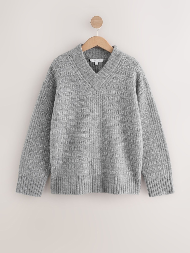 Grey Ribbed Longline V-Neck Jumper With Wool - Image 1 of 3