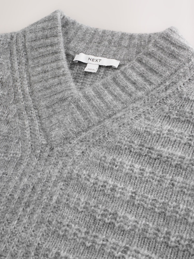 Grey Ribbed Longline V-Neck Jumper With Wool - Image 2 of 3