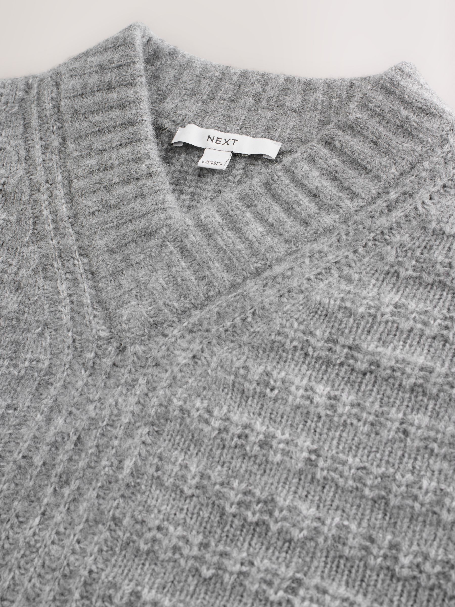 Buy Grey Ribbed Longline V-Neck Jumper With Wool from Next Romania