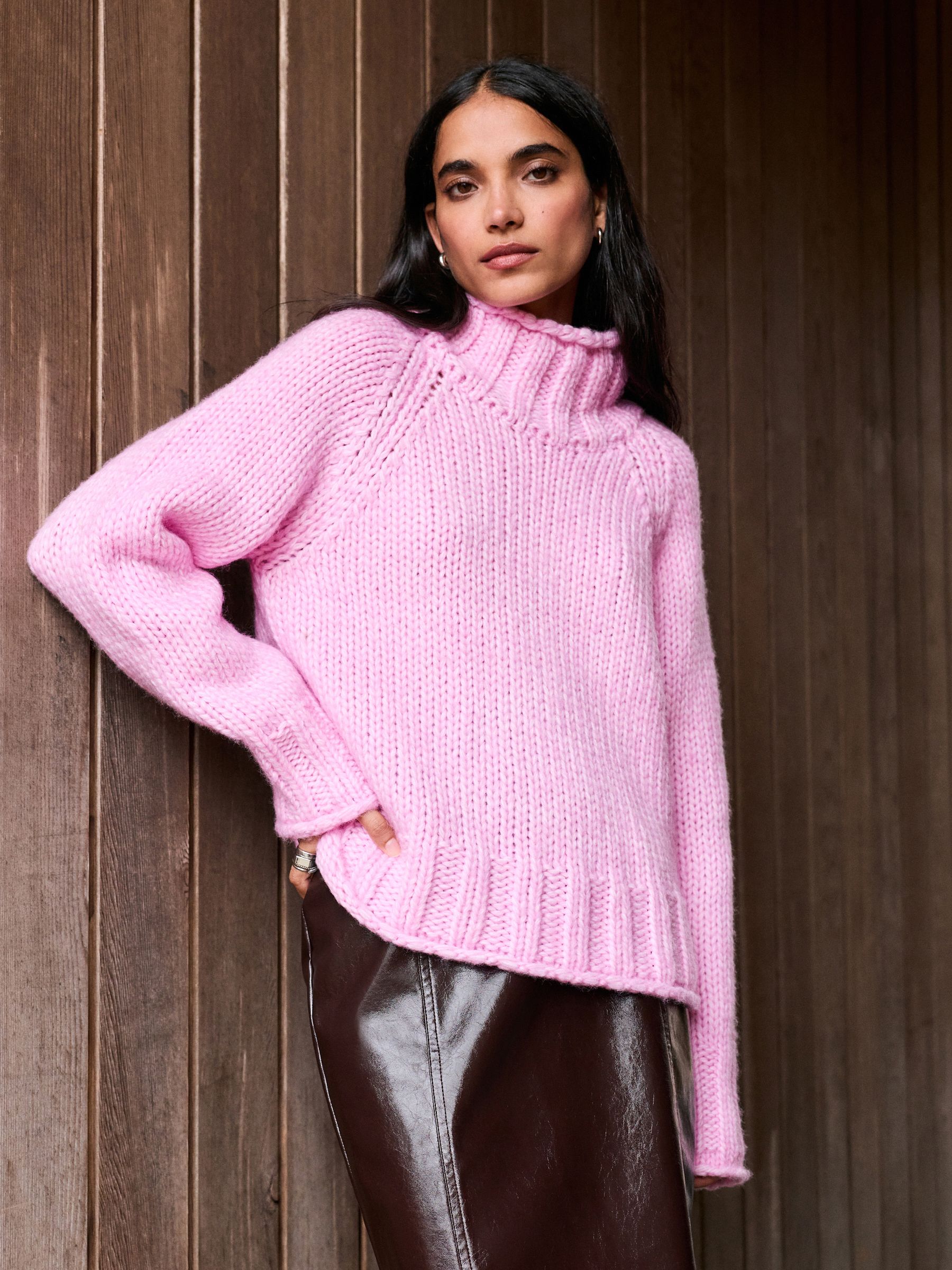 Buy Bright Pink Chunky Knit Stand Neck Jumper With Wool from Next USA