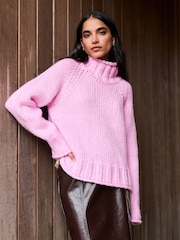 Bright Pink Chunky Knit Stand Neck Jumper With Wool - Image 3 of 8