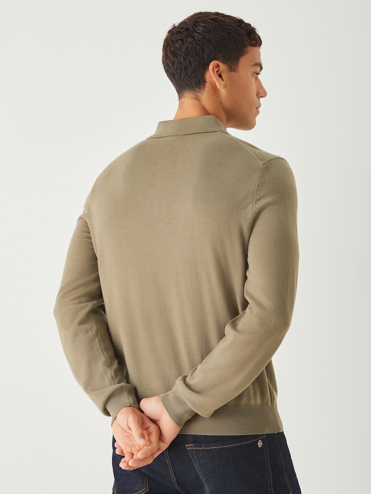BOSS Brown Regular Fit Bono Long Sleeve Knitted Polo Shirt - Image 2 of 4 BOSS Brown Regular Fit Bono Long Sleeve Knitted Polo Shirt - Image 2 of 4