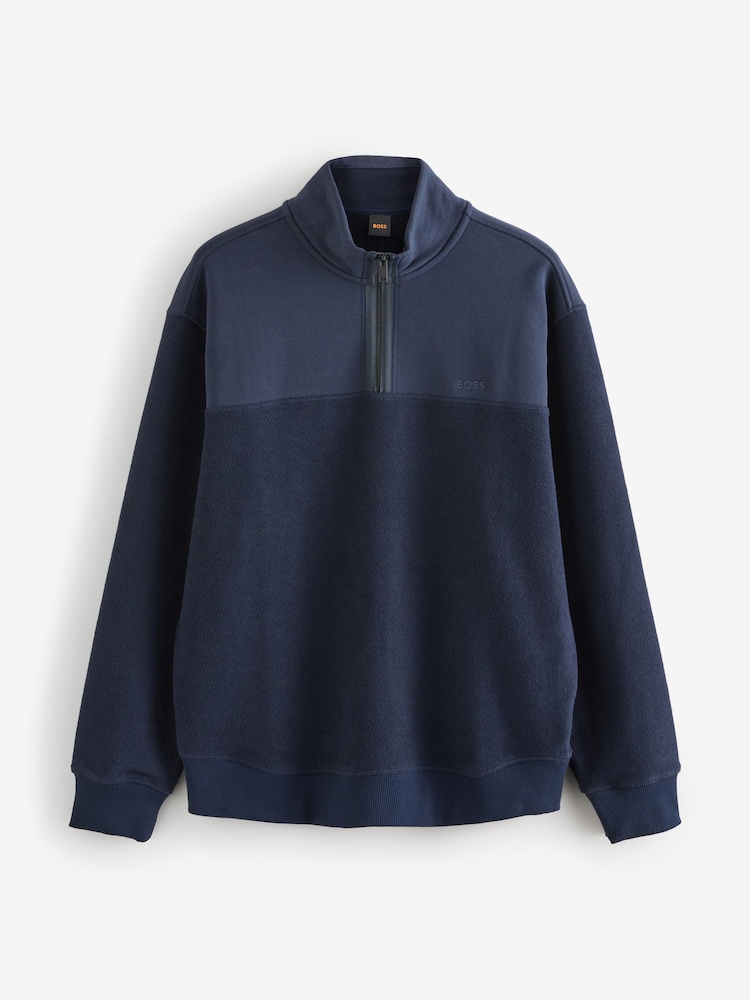 BOSS Blue Relaxed Fit Logo Quarter Zip Sweat Top - Image 1 of 1 BOSS Blue Relaxed Fit Logo Quarter Zip Sweat Top - Image 1 of 1