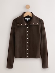 Chocolate Brown Gold Button Ribbed Collar Cardigan - Image 1 of 3