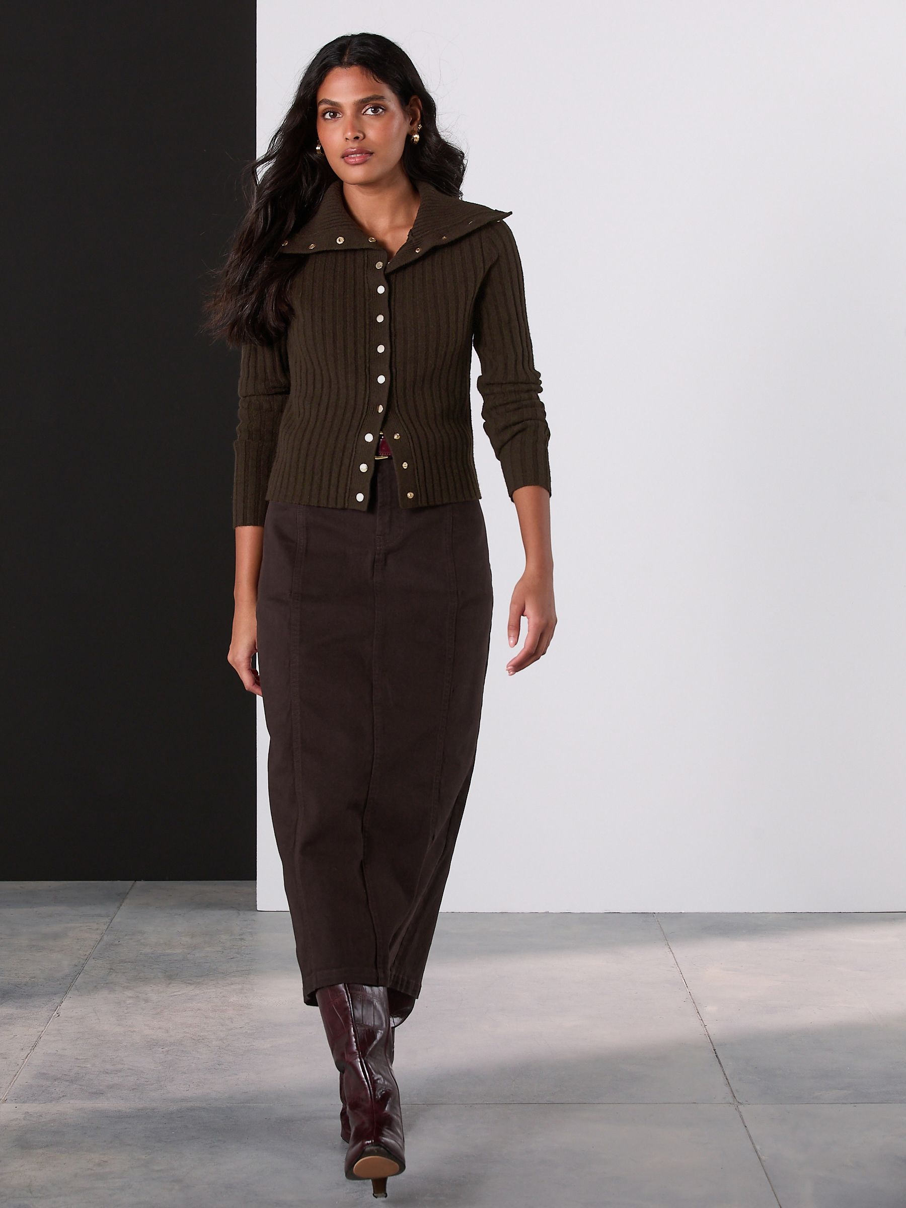 Buy Chocolate Brown Gold Button Ribbed Collar Cardigan from the