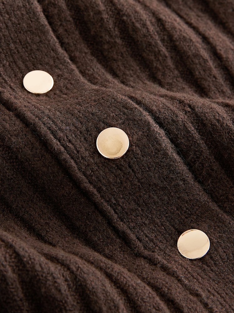 Chocolate Brown Gold Button Ribbed Collar Cardigan - Image 2 of 3