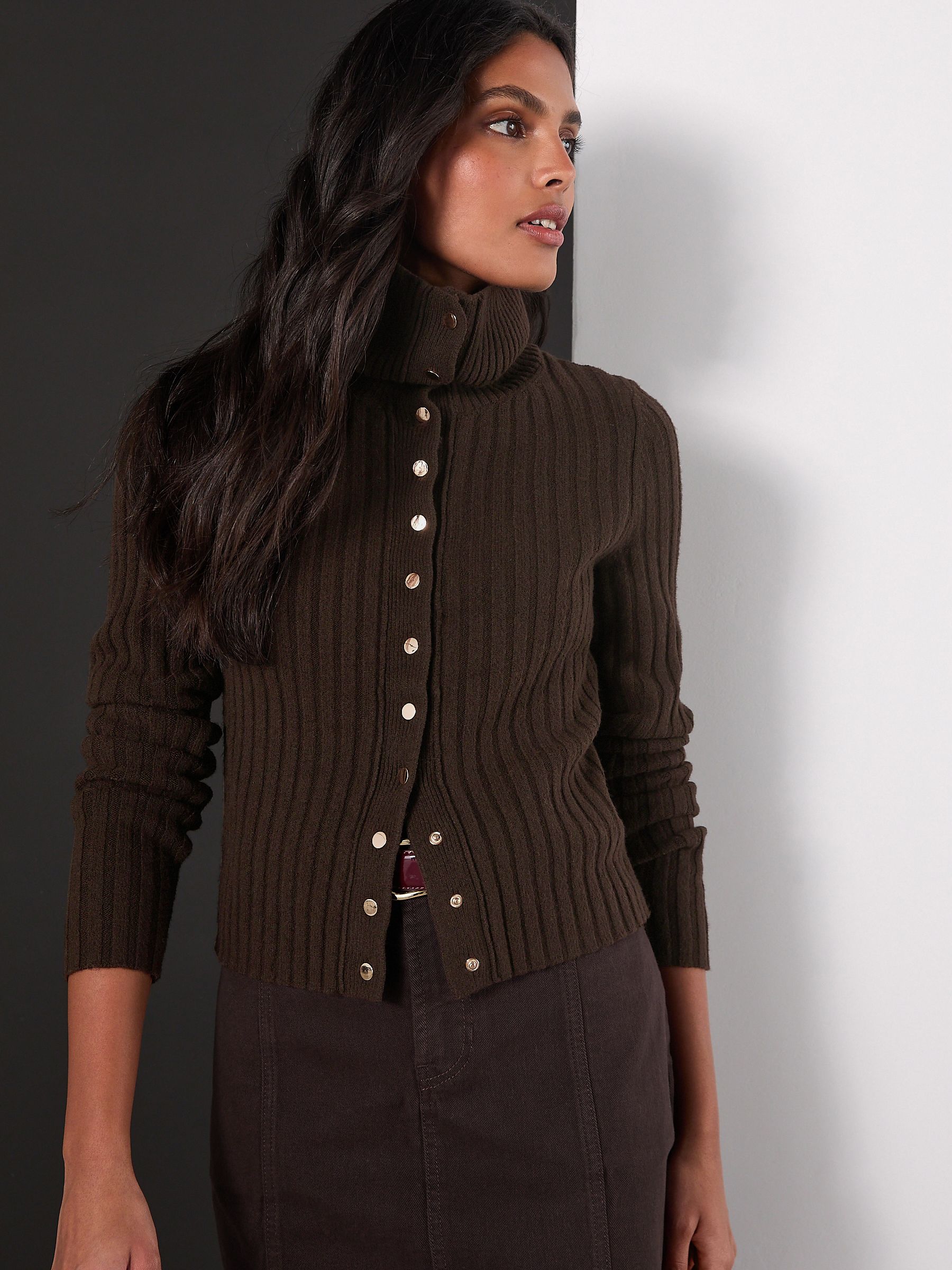 Buy Chocolate Brown Gold Button Ribbed Collar Cardigan from the