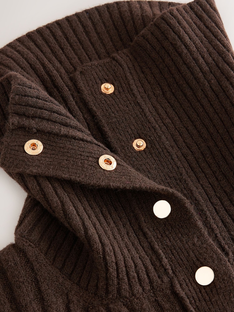 Chocolate Brown Gold Button Ribbed Collar Cardigan - Image 3 of 3