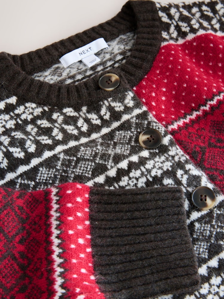 Red/Chocolate Brown Fairisle - Casaco de malha com gola redonda - Imagem 3 de 3