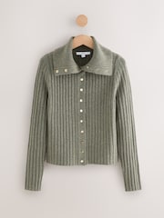Sage Green Gold Button Ribbed Collar Cardigan - Image 1 of 3