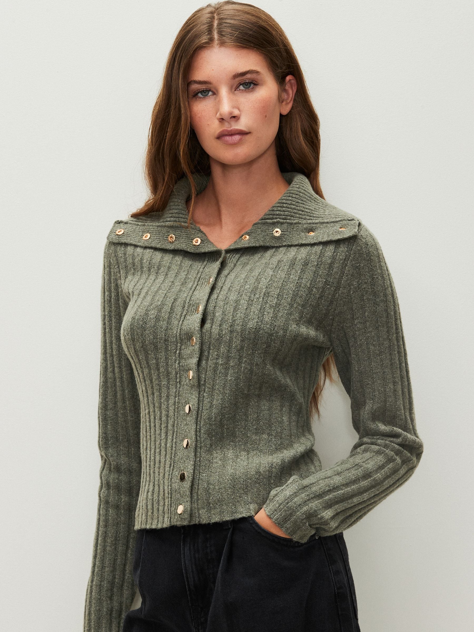 Buy Sage Green Gold Button Ribbed Collar Cardigan from Next USA