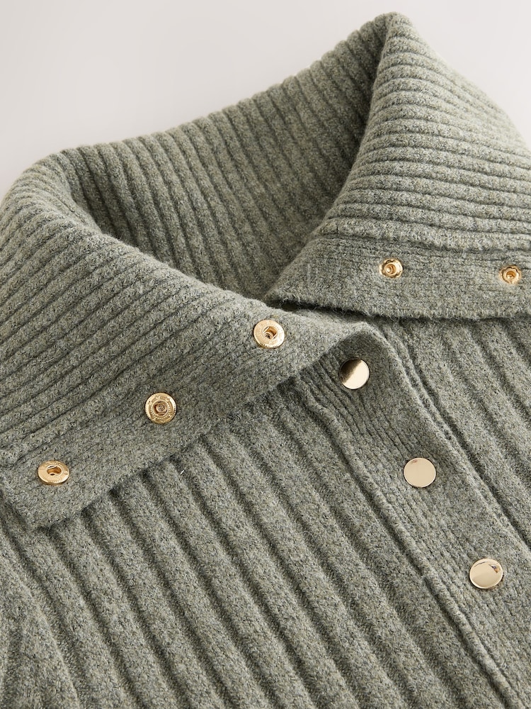 Sage Green Gold Button Ribbed Collar Cardigan - Image 3 of 3