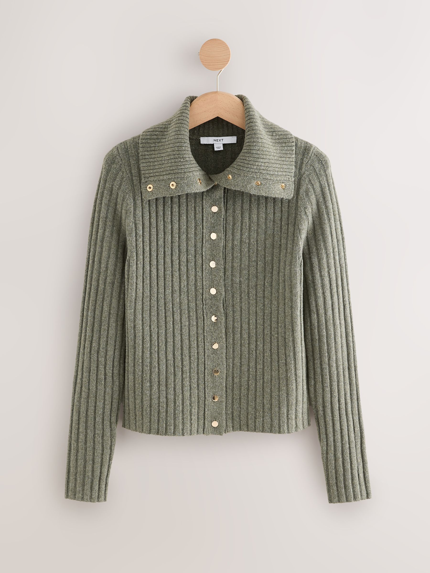 Buy Sage Green Gold Button Ribbed Collar Cardigan from Next South